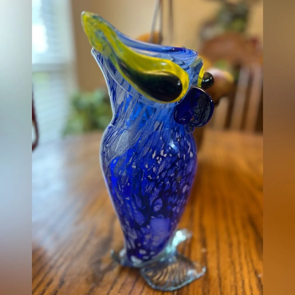Vintage Murano Glass Hand Blown 12 Inch Tall Blue and Yellow Decorative Owl Vase